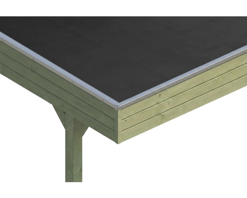 Vue détaillée d'un angle de toit de carport avec structure en bois, profilé de rive en aluminium et revêtement de toit sombre.