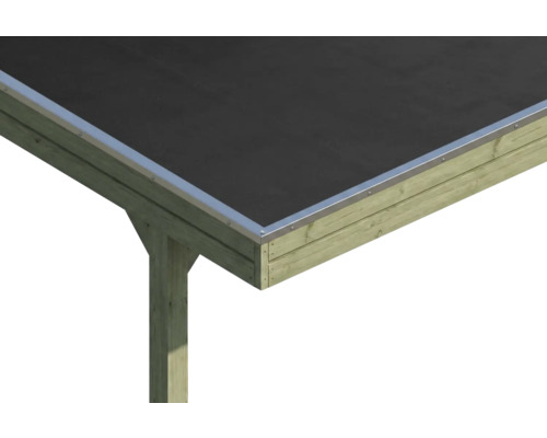 Detailaufnahme einer Dachecke mit schwarzer Eindeckung, silbernem Dachrandprofil und einer Holzunterkonstruktion.