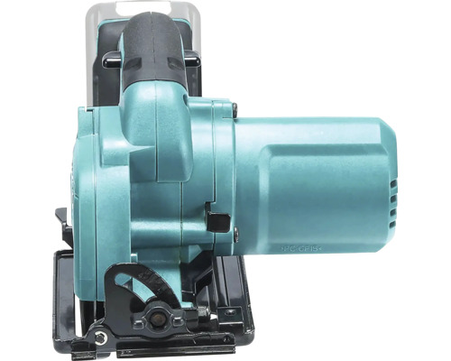 Scie circulaire portative avec carter de moteur et semelle réglable.