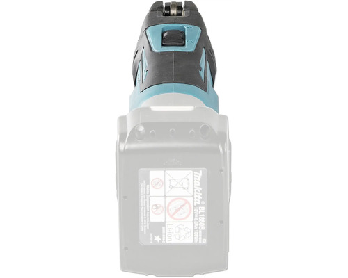 Detailansicht einer Makita Akku-Schnittstelle mit einem 18 Volt Lithium-Ionen-Akku und einem Schiebeschalter.