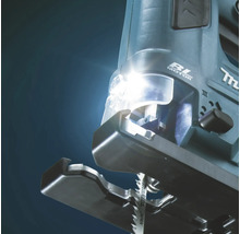 Makita Stichsäge mit bürstenlosem Motor und Arbeitslicht zur Beleuchtung des Sägeblatts.