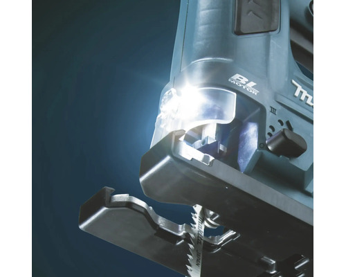 Makita Stichsäge mit bürstenlosem Motor und Arbeitslicht zur Beleuchtung des Sägeblatts.