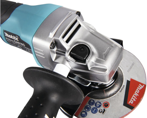 Meuleuse angulaire sans fil Makita GA016G avec Makita Logo, carter métallique et poignée latérale.