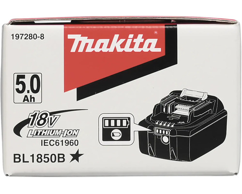 Emballage d'une batterie Lithium-Ion Makita 18 Volt 5,0 Ampères-heures modèle BL1850B avec indicateur de charge et Makita Logo.