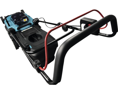 Guidon de la tondeuse à gazon à batterie avec poignée rembourrée et levier de sécurité.