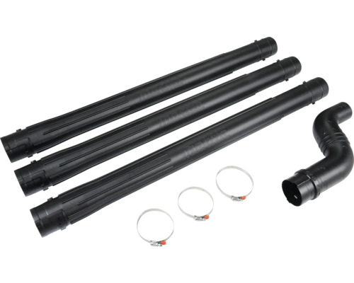 Set Makita avec trois tubes de rallonge, un tube coudé et trois colliers de serrage métalliques pour souffleur de feuilles.