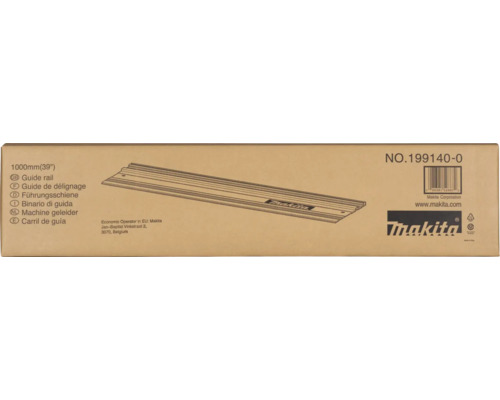 Emballage en carton pour rail de guidage Makita 1000 millimètres, modèle 199140-0, avec illustration du produit et Makita Logo.