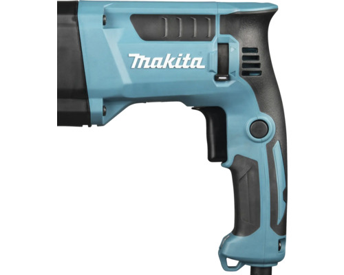 Detailansicht eines Makita Bohrhammers mit Handgriff, Schalter und Makita Logo.