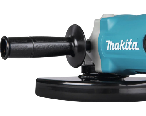 Meuleuse d'angle Makita avec poignée latérale et capot de protection. Makita Logo sur le boîtier.