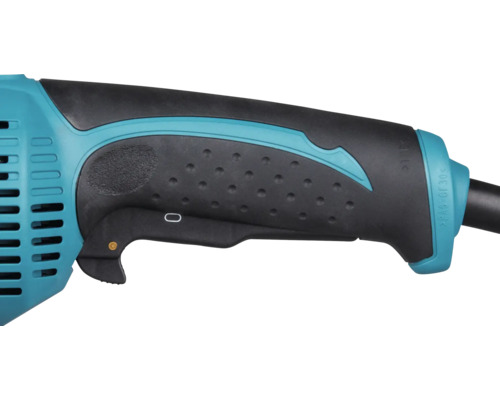 Poignée ergonomique d'un outil électrique en cyan et noir avec surfaces de préhension structurées et interrupteur de déclenchement.