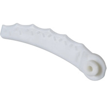Pièce de rechange en plastique pour ferrure de fenêtre, incurvée avec des encoches et une ouverture circulaire pour le montage.