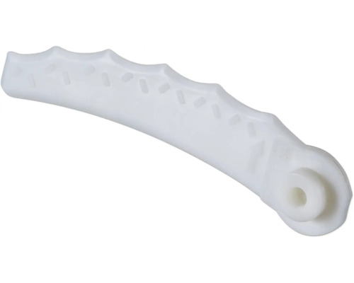 Pièce de rechange en plastique pour ferrure de fenêtre, incurvée avec des encoches et une ouverture circulaire pour le montage.