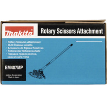 Logo de Makita, accessoire de ciseaux rotatifs EM407MP pour moteurs multifonctions sur l'emballage du produit.