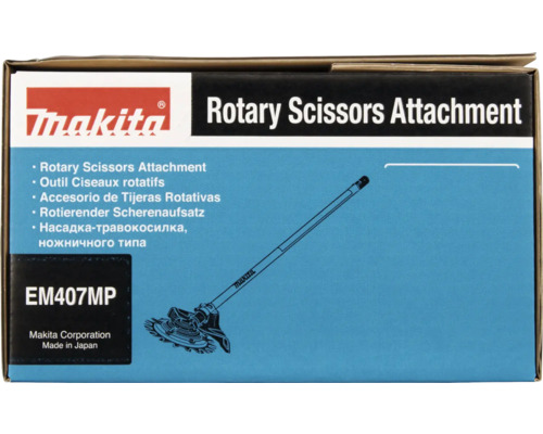 Logo de Makita, accessoire de ciseaux rotatifs EM407MP pour moteurs multifonctions sur l'emballage du produit.