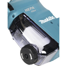 Boîtier à poussière Makita avec filtre HEPA intégré et fenêtre transparente pour le contrôle du niveau.