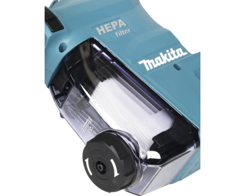 Boîtier à poussière Makita avec filtre HEPA intégré et fenêtre transparente pour le contrôle du niveau.