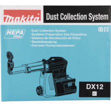 Makita Logo, Staubabsaugung DX12 mit HEPA-Filter auf der Produktverpackung.