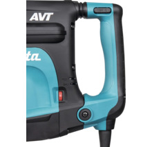 Detailansicht eines Werkzeuggriffs mit Anti-Vibrations-Technologie-Logo, Ein-Ausschalter, Drehzahleinstellrad und Anzeigeleuchten.