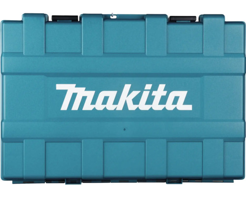 Türkisfarbener Makita Werkzeugkoffer aus Kunststoff mit Makita Logo auf dem Deckel.