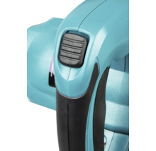 Gros plan d'une poignée d'outil avec un bouton coulissant noir et une zone de préhension en caoutchouc.