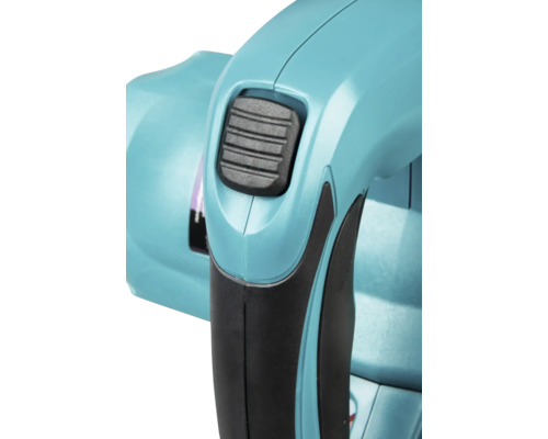 Gros plan d'une poignée d'outil avec un bouton coulissant noir et une zone de préhension en caoutchouc.