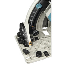 Vue détaillée d une scie circulaire avec des échelles pour le réglage de l inclinaison de 0 à 45 degrés et le réglage de la profondeur.