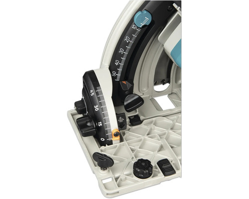 Vue détaillée d une scie circulaire avec des échelles pour le réglage de l inclinaison de 0 à 45 degrés et le réglage de la profondeur.