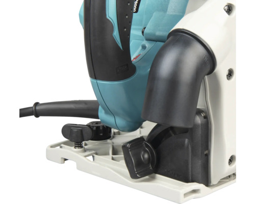 Vue détaillée d'une scie circulaire en bleu, noir et blanc avec raccord d'aspiration, poignée et plaque de base en plastique et métal.