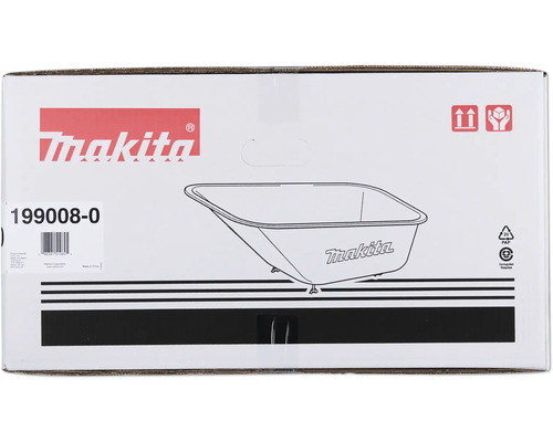 Makita Logo, emballage pour bac de transport 199008-0 avec dessin schématique du bac, symboles d'expédition et informations de recyclage.