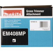 Makita Logo sur emballage de l accessoire débroussailleuse EM408MP avec numéro de modèle et code-barres.