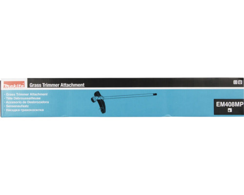 Tête débroussailleuse Makita EM408MP dans son emballage d'origine avec illustration du produit et Makita Logo.
