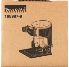 Logo Makita et numéro d'article 198987-9 sur emballage carton avec illustration d'une base inclinable pour défonceuse.