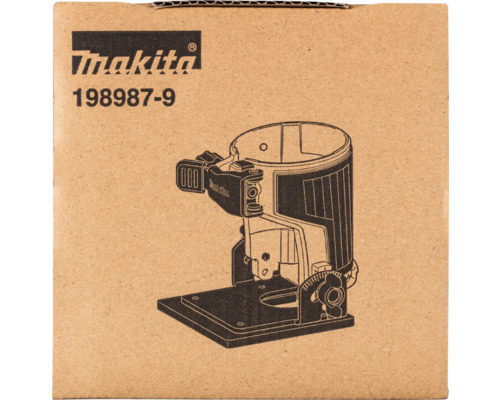 Logo Makita et numéro d'article 198987-9 sur emballage carton avec illustration d'une base inclinable pour défonceuse.