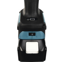 Detailansicht eines Akku-Werkzeugs mit bürstenlosem Motor, Ladestandsanzeige und Einstellrad auf Stufe fünf.