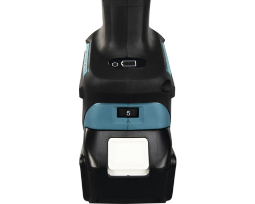 Detailansicht eines Akku-Werkzeugs mit bürstenlosem Motor, Ladestandsanzeige und Einstellrad auf Stufe fünf.