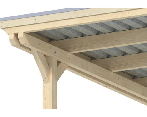 Detailaufnahme der Dachkonstruktion eines Carports aus hellem Nadelholz mit Wellplatten und sichtbarer Verschraubung.