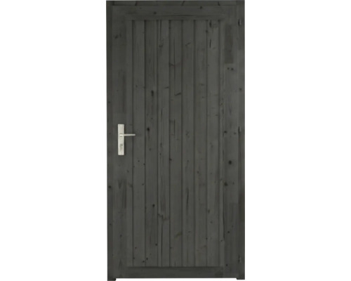 Dunkelgraue Holztür für den Garten mit vertikalen Latten und silberfarbenem Türgriff.