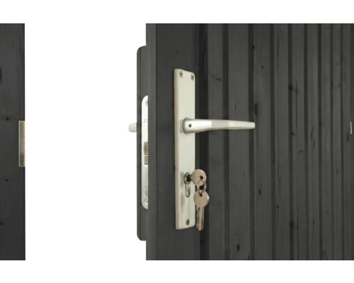 Silberfarbener Türdrücker mit Langschild und Schlüssel an einer dunklen Holztür mit vertikaler Lattung.