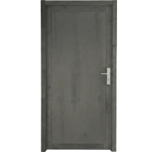 Zimmertür aus grauem Holz mit sichtbarer Maserung inklusive passender Zarge und silberfarbenem Türgriff.