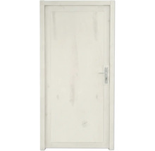 Porte d'intérieur blanche en bois avec veinage apparent, comprenant l'encadrement et une poignée argentée.