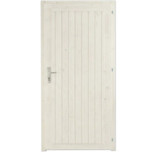 Porte de service blanche en bois lasuré avec panneaux verticaux et garniture de poignée