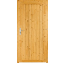 Gartenhaustür aus Holz mit vertikalen Lamellen und Metall-Türdrücker.