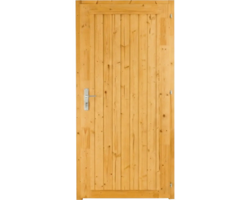 Gartenhaustür aus Holz mit vertikalen Lamellen und Metall-Türdrücker.