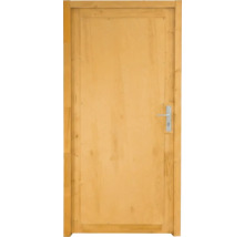 Zimmertür aus hellem Massivholz inklusive Zarge und silberfarbener Drückergarnitur.