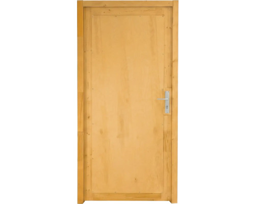 Zimmertür aus hellem Massivholz inklusive Zarge und silberfarbener Drückergarnitur.