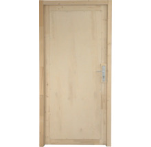 Holztür mit Zarge, inklusive Drückergarnitur und Schloss, aus hellem Naturholz.