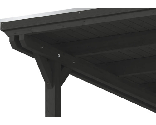 Detailansicht einer dunkelgrauen Dachkonstruktion aus Holz für ein Carport oder eine Terrassenüberdachung mit Pfosten und Balken.