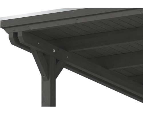 Detailansicht einer anthrazitfarbenen Dachkonstruktion aus Holz mit Balken und Pfosten für ein Carport oder eine Terrassenüberdachung.