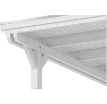 Eckverbindung einer Terrassenüberdachung aus Holz mit Pfosten, Balken und Kopfbändern.