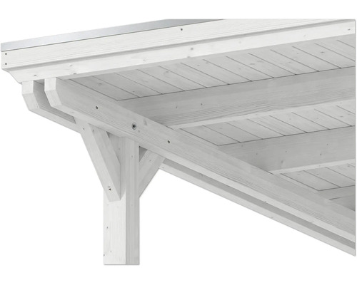 Eckverbindung einer Terrassenüberdachung aus Holz mit Pfosten, Balken und Kopfbändern.